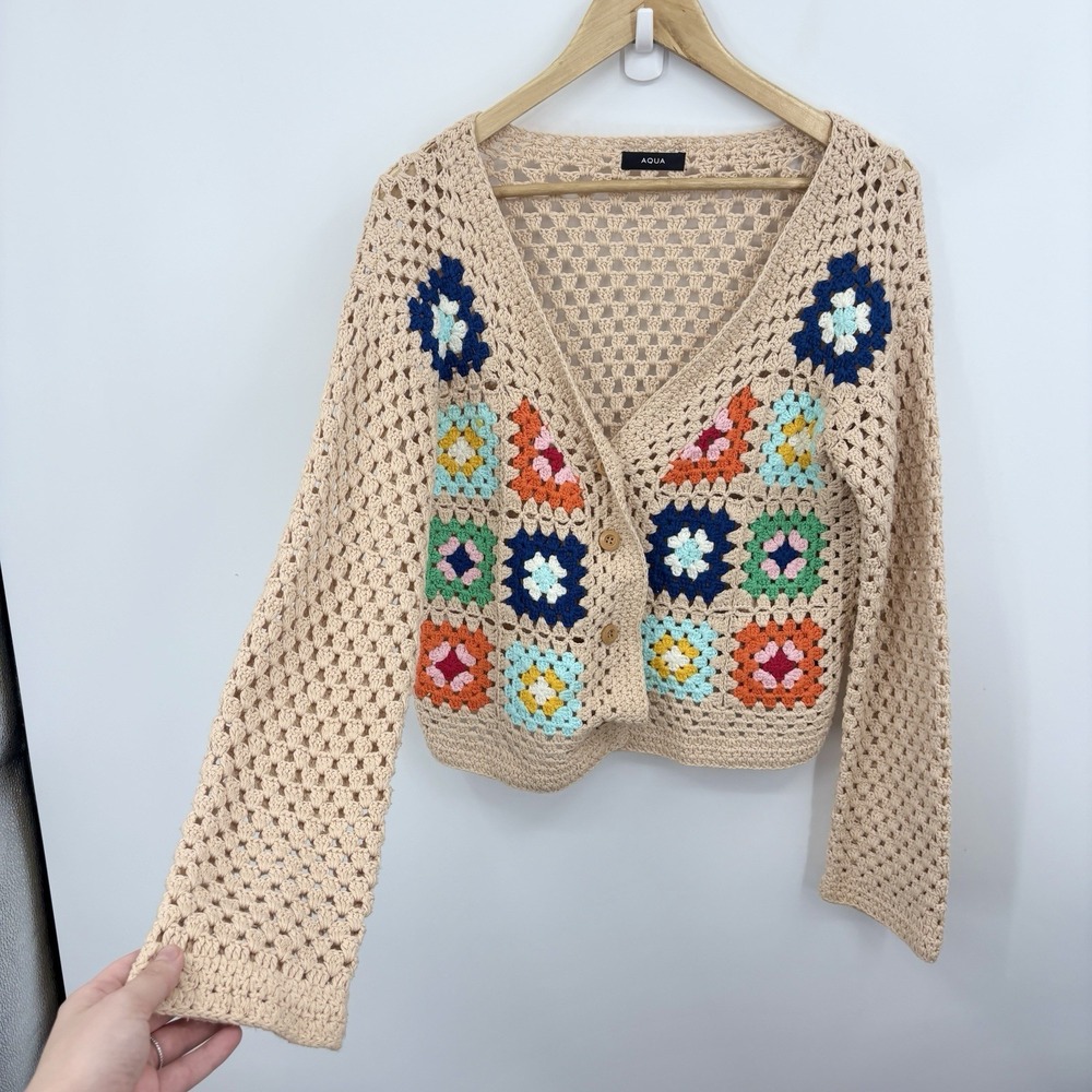 Aqua Crochet Granny Square Cardigan Large Festival Indie Boho Granola Cottage